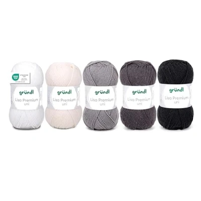 Abbildung von Gründl Wolle Lisa Premium uni, Garn zum Stricken und Häkeln aus 100% Polaycryl, 50 g / 133 m, 5 x Knäuel, Strickset/Häkelset, Weiß Grau Schwarz