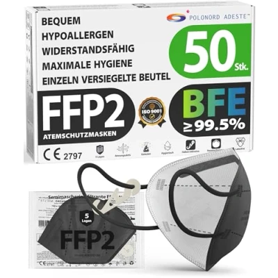 Abbildung von ADESTE 50x FFP2 Maske, Hygienische 5 lagige Staubschutzmaske, EN149:2001+A1:2009 Mundschutzmaske EU2016/425, Schwarz, Atemschutzmaske, Einzelne versiegelte Beutel