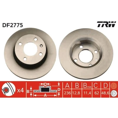Abbildung von TRW DF2775 Bremsscheibe 236 12,8 4 100 voll