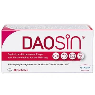 Abbildung von DAOSiN Nahrungsergänzungsmittel mit DAO Enzym unterstützt den Histamin Abbau 60 magensaftresistente Tabletten Diaminoxidase