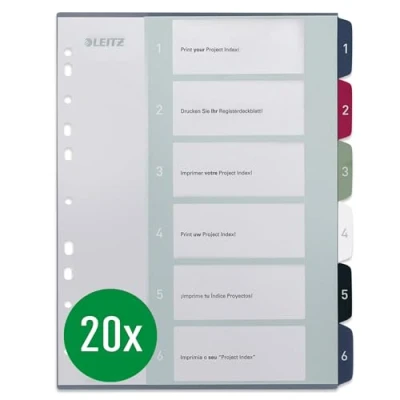 Abbildung von Leitz A4 Register, 20er Pack, 1 6, 6 Trennblätter, Beschriftbares Deckblatt, Extrabreit, PP, Style, Mehrfarbig, 12360000
