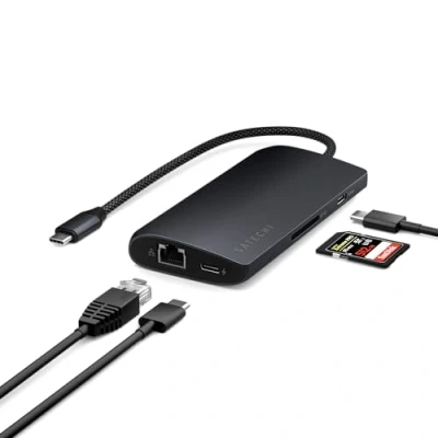 Abbildung von SATECHI USB C Hub Multiport Adapter V3, 8 in 1 Dongle mit 8K HDMI, 85W PD Charging, 4 Datenports, Ethernet, SD Kartenleser für Mac, Windows Mitternacht