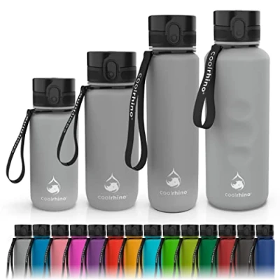 Abbildung von coolrhino Trinkflasche 1l für Sport, Outdoor, Schule, Fitness &amp; Kinder Wasserflasche auslaufsicher und Bpa frei Flasche Kohlensäure geeignet (Rhino Grey, 1000ml)