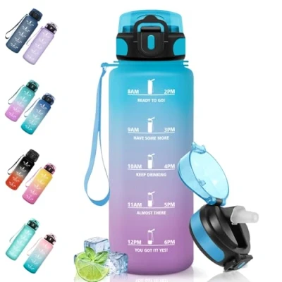 Abbildung von Motswedi Trinkflasche, 1500ml BPA Frei, Trinkflasche mit Strohhalm, Auslaufsicher, Sport, Kohlensäure Geeignet, Wasserflasche für Camping, Yoga, Gym, Schule, Outdoors, Blau Lila