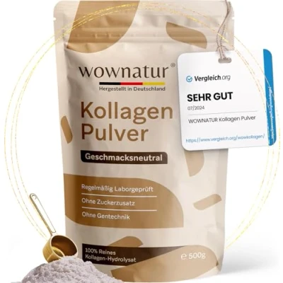 Abbildung von WOWNATUR® Kollagen Pulver 500g Perfekte Löslichkeit Premium Halal Collagen Hydrolysat Peptide Typ 1, 2 und 3 Das Original (50 Portionen)