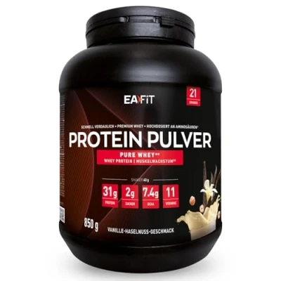 Abbildung von Whey Protein Pulver Vanille Haselnuss 850g Premium Molkenproteine für Muskelaufbau Isolate Eiweißpulver Proteinpräparate EAFIT made in France
