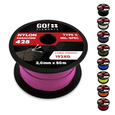 Abbildung von GO!elements 50m Paracord Seil aus reißfestem Nylon 3mm 425 Typ II max. 192kg Schnüre als Outdoor Seil, Allzweckseil, Survival Armband, Hundeleine, Nylonschnur, Farbe:Pink