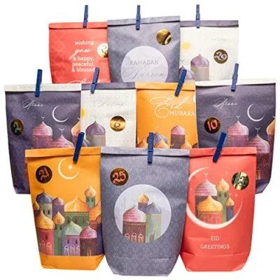 Abbildung von Papierdrachen DIY Ramadan Kalender zum Befüllen für Kinder und Erwachsene Bedruckte Kraftpapiertüten in Colorful Aufstellen Dekorieren Eid Mubarak wiederverwendbar Set 7