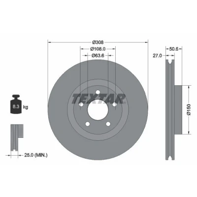 Abbildung von TEXTAR 92306703 Bremsscheibe 308 27 05/05 108 innenbelüftet beschichtet ohne Radbefestigungsbolzen, Radnabe FORD: Focus Mk4 Turnier