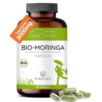 Abbildung von PlantDEA Bio Moringa Kapseln, 3000mg Tagesdosis, 180 hochdosiert, laborgeprüft, vegan, in Deutschland hergestellt