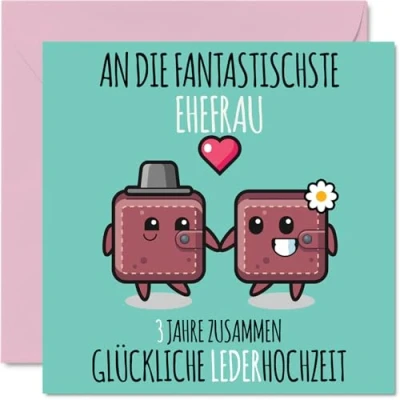 Abbildung von Stuff4 3. Hochzeitstag Karte Liebe 3 Jahre Zusammen Leder Hochzeit Jahrestag Geschenke für Ehefrau Frau vom Ehemann Mann, 145mm Glückwunschkarten