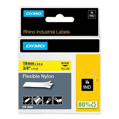 Abbildung von DYMO Rhino Industrie Nylonetiketten flexibel 19 mm x 3,5 m schwarz auf gelb selbstklebendes Schriftband für und LabelManager Beschriftungsgerät