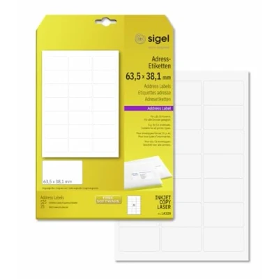 Abbildung von SIGEL LA320 abgerundete Adress Etiketten selbstklebend, bedruckbar, weiß, 63,5 x 38,1 mm, 525 = 25 Blatt