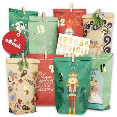 Abbildung von Amari ® Adventskalender zum Befüllen Nutcracker 24 Papier Adventstüten (mit Holzklammern) Basteln für Weihnachten Weihnachtstüten