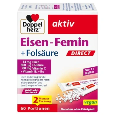 Abbildung von Doppelherz Eisen Femin DIRECT mit Vitamin C + B6 B12 Folsäure 14 mg für die normale Bildung von roten Blutkörperchen 60 Portionen Micro Pellets