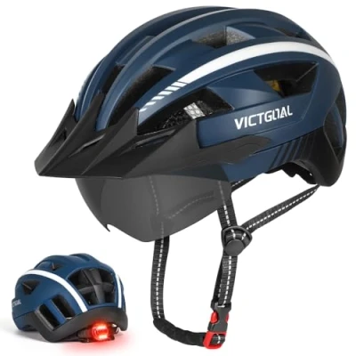 Abbildung von VICTGOAL Fahrradhelm MTB Mountainbike Helm mit magnetischem Visier Abnehmbarer Sonnenschutzkappe und LED Rücklicht Radhelm Rennradhelm für Erwachsenen Herren Damen (M: 54 58cm, Navy)