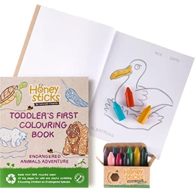 Abbildung von Honeysticks 100% natürliche Bienenwachsstifte und Malbuch Set große, leicht zu haltende, ungiftige Buntstifte (12er Pack) PLUS ein hochwertiges gebundenes Malbuch. Wunderbares Geschenk