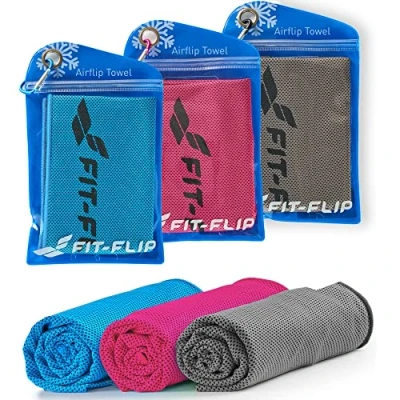 Abbildung von Fit Flip Kühlhandtuch 3er Set Cooling Towel und mikrofaser Kühltuch kühlendes Handtuch Airflip für Fitness Sport Ice (blau/rosa/grau, 100x30cm)