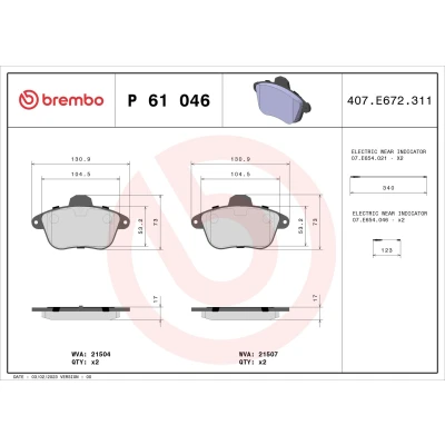 Abbildung von BREMBO P 61 046 Bremsbelagsatz inkl. Verschleißwarnkontakt ohne Zubehör RENAULT: CLIO 2