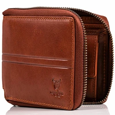 Abbildung von MATADOR RFID NFC Schutz Geldbörse Herren Leder Geldtasche Portemonnaie mit YKK Metall Reißverschluss Portmonee Männer Geschenk Box Herrenbörse Reissverschluss Vintage Braun