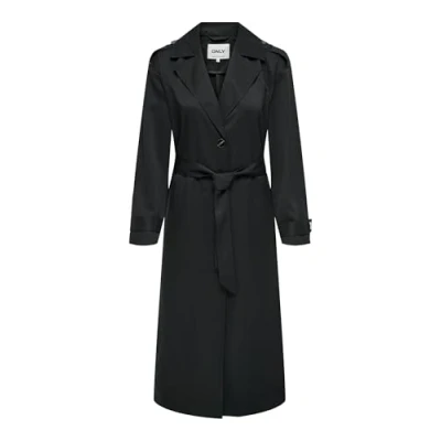 Abbildung von ONLY Damen Langer Trench Coat Eleganter Basic Übergangs Mantel Einreihig Longline mit Gürtel ONLLINE, Farben:Schwarz, Größe:XS
