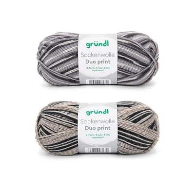 Abbildung von Gründl Sockenwolle Duo Strickset aus 2 x 100 g Sockengarn (75% Schurwolle (superwash), 25% Polyamid) + Anleitung, grau hellgrau schwarz