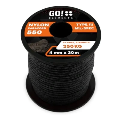 Abbildung von GO!elements 30m Paracord Seil aus reißfester Nylonschnur 4mm 550 Typ III Schnur Allzweckseil &amp; Reepschnur Max. 250kg, Farbe:Schwarz