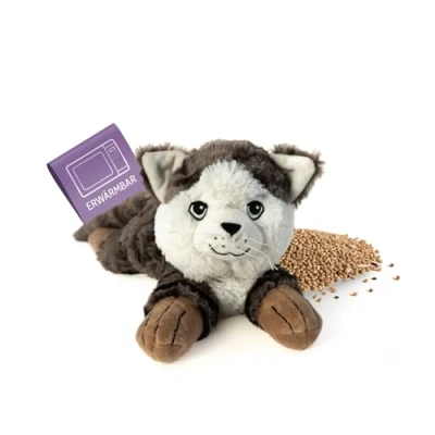 Abbildung von Habibi Plush Wärmekissen/Stofftier f. Kinder und Erwachsene 1871 Katze getigert mit Hirsefüllung, Wärmekuscheltier zum Erwärmen in der Mikrowelle/Backofen, ideal auch für Babys