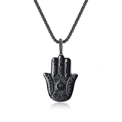 Abbildung von COAI Geschenkideen Unisex Obsidian Anhänger mit Gravur Hand der Fatima Edelstahl Halskette