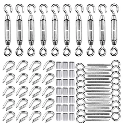 Abbildung von TooTaci Drahtseil 2mm Seilspanner Kit,M5 Edelstahl Set,10 Stück Spannschloss M5,20 ösen Schrauben,40 Crimpschlaufe,Kauschen,für Zaunspanner/Drahtspanner,Wäscheleine