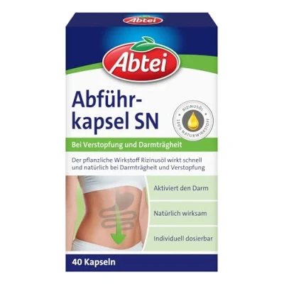Abbildung von Abtei Abführkapseln aktiviert den Darm bei Verstopfung und Darmträgheit natürlich wirksam mit pflanzlichem Rizinusöl 1 x 40 Weichkapseln