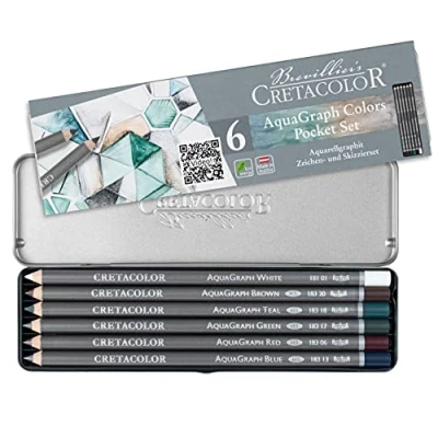 Abbildung von CRETACOLOR Aquagraph Colors Pocket Set, Wasservermalbare Graphitstifte mit Farbakzenten für Aquarelleffekte, Rot/Blau/Grün/Petrol/Braun/Weiß, in praktischen und robusten Metalletui
