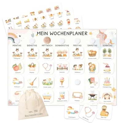 Abbildung von Wochenplaner Kinder mit Klettpunkten, Montessori Tagesplan 350 Routinekarten visueller Routineplaner für Kinder, Familienplaner mehr Struktur im Alltag (Einhorn)