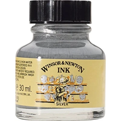 Abbildung von Winsor &amp; Newton 1010617 Drawing Inks Zeichentusche für Kalligraphen, Illustratoren, Grafikern, Künstler wasserbeständige Farben, herrvorragender Transparenz, 30ml Flasche Silber