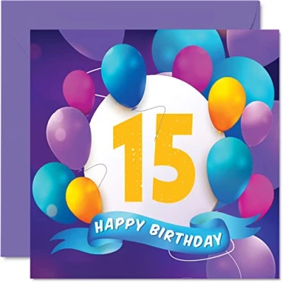 Abbildung von Geburtstagskarte zum 15. Geburtstag für Jungen und Mädchen Ballon Party Happy Birthday Cards 15 Jahre alte Teenager, Jungen, Mädchen, Bruder, Schwester, Sohn, Tochter, Enkelin, 145 mm x