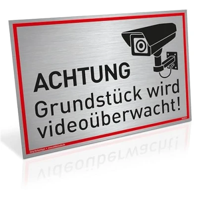Abbildung von Großes Schild Achtung Grundstück wird videoüberwacht! Alu 42 x 30 cm stabiles mit UV Schutz silber gebürstet edle Optik Videoüberwachung Kameraüberwachung Kameraüberwacht Dreifke®