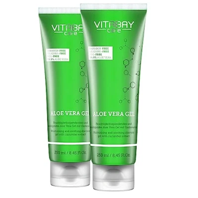 Abbildung von Vitabay Aloe Vera Gel 100 Prozent (99.9%) 2x 250ml After Sun Lotion Gesicht Sonnenbrand Gesichtscreme Herren Naturkosmetik Saft Salbe Feuchtigkeitscreme