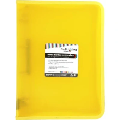 Abbildung von Grafoplás Ringordner mit Reißverschluss, A4+, gelb, Multiline, 4 gemischte Ringe, 25 mm, vertikal, linierter Polypropylen Einband, extra Kapazität für Blätter im Folioformat