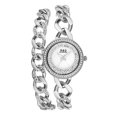 Abbildung von JewelryWe Damenuhr Elegant Analog Quarz Armbanduhr 30m wasserdichte Strass Runde Beiläufige Damen Uhr mit Doppelt Panzerkette Metall Armband und Leuchtend Zeiger Silber