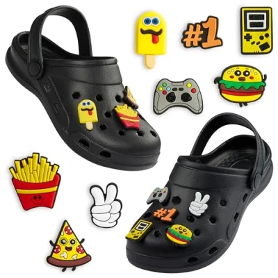 Abbildung von CityComfort Clogs Kinder, Gartenschuhe Badeschuhe Jungen mit abnehmbaren Anhängern (Schwarz, 28/29 EU)
