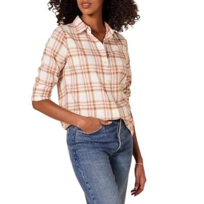 Abbildung von Amazon Essentials Damen Leichtes, Langärmeliges, Kariertes Flanellhemd, Klassischer Schnitt, Ecru Blassrosa Alpenplaid, S