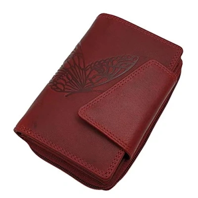 Abbildung von Echt Rindleder Damen Geldbörse / Geldbeutel Portemonnaie Geldtasche Portmonee in Hochformat mit Schmetterling Motiv oder ohne RFID &amp; NFC Schutz (Schmetterling Kirschrot)