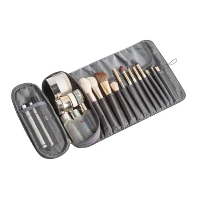 Abbildung von ONEGenug Make up Pinsel Tasche Kosmetiktasche mit 12 Bürstenhalter Reise Schminktasche Kulturbeutel Makeup Bag Grau