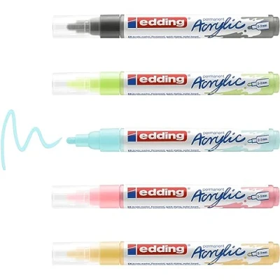 Abbildung von edding 5100 Acrylmarker grau, gelb, blau, grün, rosa 5 Acrylfarben Set (pastell) Rundspitze 2 3 mm Acryl Farben für Leinwand, Holz, Steine Acrylstifte wasserfest