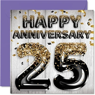 Abbildung von Tolle silberne Jubiläumskarte für Ehemann Freund Ehefrau Freundin Schwarz Gold Glitzer Ballon Happy 25th Anniversary Cards from Family 145 mm x Grußkarten Twenty Fifth Anniversaries