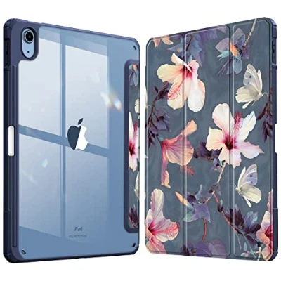 Abbildung von Fintie Hybrid Hülle für iPad 10. Generation 2022 (10.9 Zoll) mit Stifthalter Stoßfeste Schutzhülle transparenter Hartschale auf der Rückseite, Hibiskus