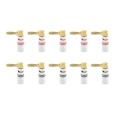 Abbildung von Nakamichi 24K vergoldeter Bananenstecker 12 AWG 18 Gauge Größe 4mm für Lautsprecher Verstärker Hi Fi AV Receiver Stereo Heimkino Audiokabel Stecker Rechtwinkliger Stecker, 10 Stück (5 Paar)