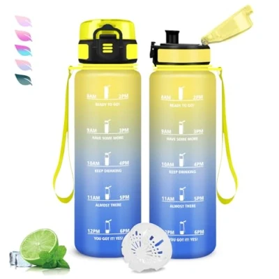 Abbildung von Trinkflasche, Trinkflasche 1l Kohlensäure Geeignet, Wasserflasche Auslaufsicher, mit Zeitmarkierung und Uhrzeit, Leicht zu Reinigen, für Fitness, Schule, Büro, Fahhrad, Gym, Sport