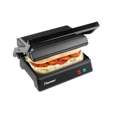Abbildung von Bestron elektrischer Kontaktgrill mit Auffangschale, Sandwichmaker Cool Touch Handgriff, Paninimaker Antihaftbeschichtung, 700 Watt, APM123Z, Farbe: Mattschwarz, 22,5 x 14 cm