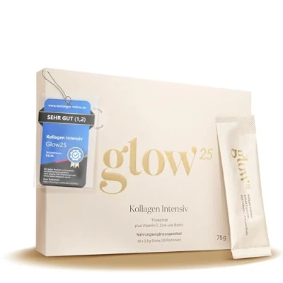 Abbildung von Glow25® Kollagen Intensiv [30 Sticks] mit Tripeptiden, Vitamin C, Zink und Biotin Premium Collagen Hydrolysat Peptide Typ 1 3 Gute Löslichkeit